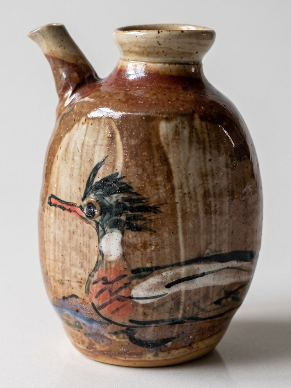 Nancy Smeltzer Signed Bird Pitcher Vase Wood Soda Fired Pottery 5.75”